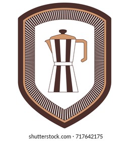 logo shield decorative of metallic jar of coffee with handle striped silhouette color section on white background vector illustration