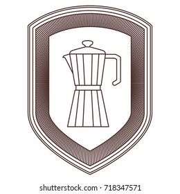 logo shield decorative of metallic jar of coffee with handle striped brown silhouette on white background vector illustration