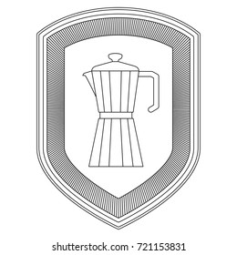 logo shield decorative of metallic jar of coffee with handle striped gray silhouette on white background vector illustration