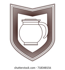 logo shield decorative of rounded glass jar recipient of coffee with handle striped brown silhouette on white background vector illustration