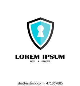 Logo of shield. Flat icon design template. Keyhole on shield.