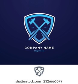 Logo of a shield with hammers inside. best for creative hard work symbol. For services like, wood working, blacksmith, Carpenter, Craftsman ect. 