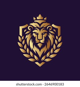 logo Shield of the King. A shield bearing the lion king and natural motifs power and protection with a royal heart.