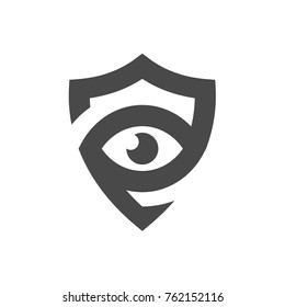 Logo shield with a lens in a flat minimalism modern icon monochrome