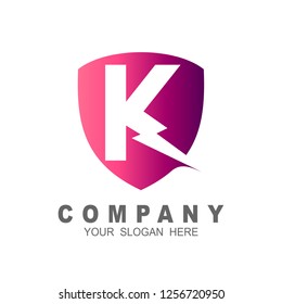 logo shield with letter k and thunder logo design
