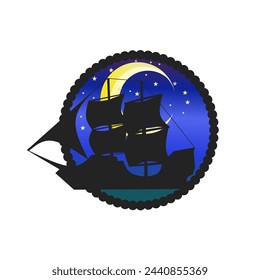 logo of a ship silhouette in a circle on a starry night view with a crescent moon in the middle of the sea. Vector illustration.