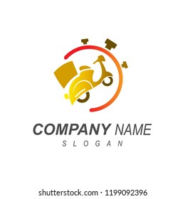 logo shipping service using a motorcycle, delivery express logo + delivery icon, scooter icon + on time delivery
