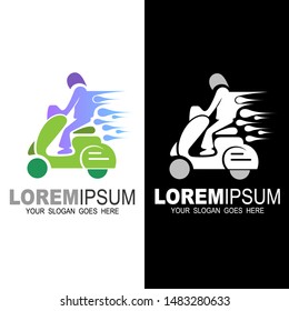 logo shipping service using a motorcycle, delivery express logo + delivery icon, scooter icon + maximum speed 
