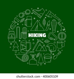 
Logo for shirts. Green and white round emblem with the equipment for a hiking. Made in a linear style.