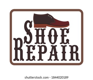 Logo of a shoe repair shop, shoemaker. Design element for signboard, banner, flyer, poster and other use. Cowboy boot with inscription "Shoe repair". Isolated vector illustration, icon.