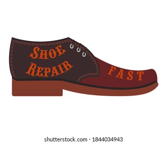 Logo of a shoe repair shop, workshop shoemaker. Design element for signboard, banner, flyer, poster and other use. Cowboy boot with inscription "Shoe repair fast". Isolated vector illustration, icon.