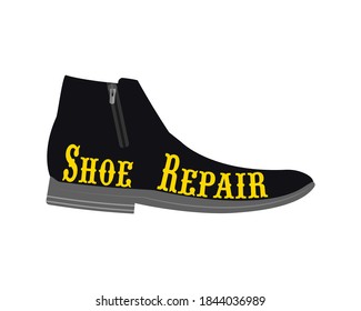 Logo of a shoe repair shop, workshop shoemaker. Design element for signboard, banner, flyer, poster and other use. The inscription "Shoe repair". Boot silhouette. Isolated vector illustration, icon.