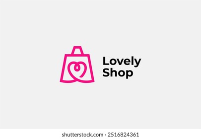 Logo Shop, Shopping bag and Love shape line concept. Ecommerce, retail, apps. Editable file