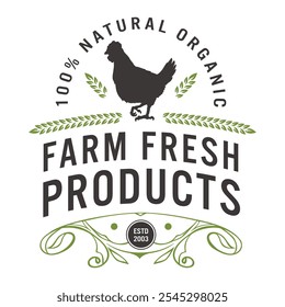 El logotipo muestra una silueta de pollo complementada con diseños frondosos, enfatizando los productos naturales y orgánicos de una granja