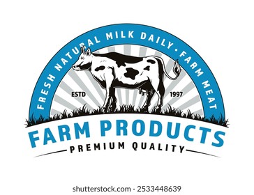 The logo showcases a cow in an appealing design, promoting fresh natural milk daily and farm meat. It highlights premium quality and was established in 1997.