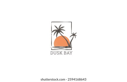 The logo showcases a dusk scene with palm trees, an orange sun, ocean, and the text "Dusk Bay".