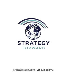 O logotipo mostra um globo com linhas interligadas, simbolizando a estratégia global e o pensamento progressivo.