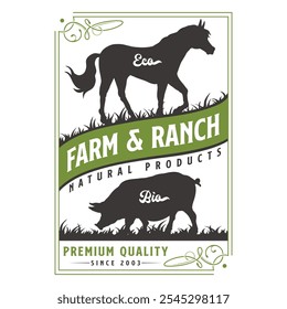 The logo showcases a horse and pig silhouetted against green grass, symbolizing natural farming and high-quality products offered by the ranch