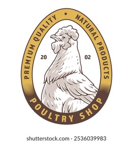 Un logotipo que muestra una gallina dentro de un huevo, que representa una tienda de aves de corral que se especializa en productos naturales y de calidad premium. El diseño destaca la frescura y la calidad.