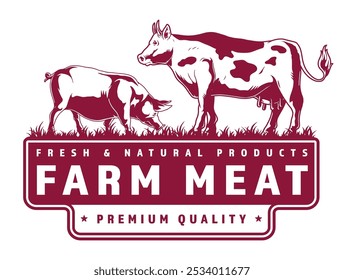 A logo showcasing a cow and pig, symbolizing fresh farm meat products. The design emphasizes premium quality and natural ingredients.