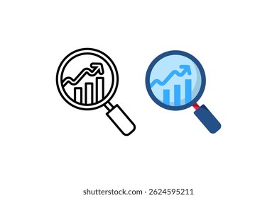 Logotipo mostrando uma lente de aumento com um gráfico de barras e linhas em ascensão, simbolizando análise, crescimento da empresa e ideias de dados. Ideal para serviços financeiros, de SEO e de análise.