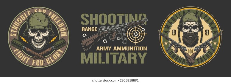 The logo shows a military theme with weapons a skull and the words related to shooting and army activities. It emphasizes the ideas of fighting for glory and military service.