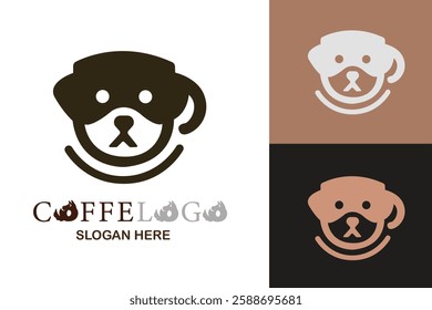 The logo shows a stylized coffee cup resembling a dog’s face, reflecting a playful and unique concept in a minimalist format, ideal for branding.