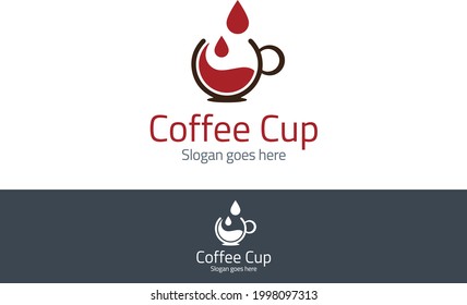 The logo shows two drops of coffee filling a cup