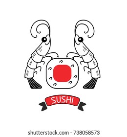 Logo shrimp sushi. Shrimp and sushi. Vector illustration, sign, emblem. Isolated on a light background. Logo for a Japanese restaurant.