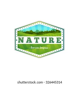 Logo, sign, badge, label with nature and landscape. Cartoon style. Vector. Place for your text.