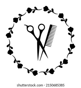 A logo, a sign for a hairdressing salon. Scissors and a comb in a frame of flowers. Vector template for barbershop.