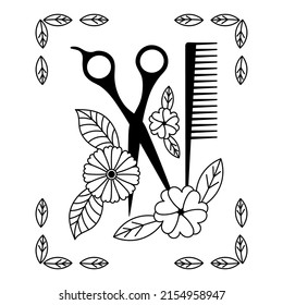 A logo, a sign for a hairdressing salon. Scissors and a comb in a frame of flowers. Vector template for barbershop.