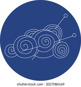 Logo, sign handmade. Balls of thread. Skeins with yarn and knitting needles. Vector illustration. Icon in a blue circle.