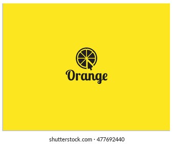 The logo sign icon to companies associated with computers and citrus fruits. Symbol slices of orange and the mouse cursor over it.