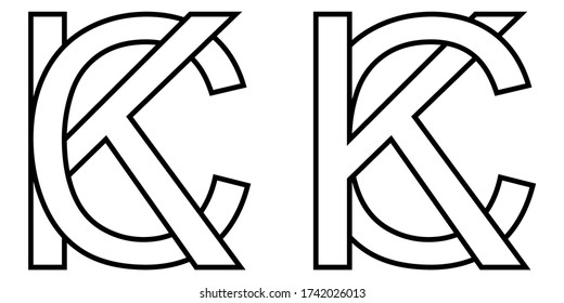 Logo sign kc ck icon sign two interlaced letters K, C vector logo kc, ck first capital letters pattern alphabet k, c