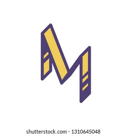 Logo, sign of the letter M. Vector. Linear, outline icon. Isometry, 3D. Colored capital flat letter. Brand company. The symbol is isolated on a white background. Element from the alphabet set.
