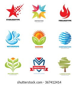 Logo sign template vector set collection - creative illustrations. Star, water, flame, fire, abstract, nature, leafs, flower, tree, shield, logo. Design elements. 