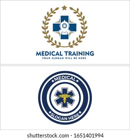 Logo sign vector laurel leaf circle medical cross caduceus and star icon emblem label suitable for education training medical divers pharmacy