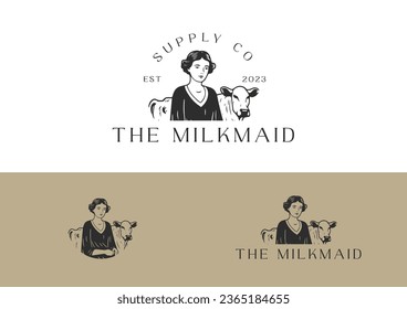 Logo, sign "Woman milkmaid". Illustration of a cow and a woman. Farm. Logo for agriculture.