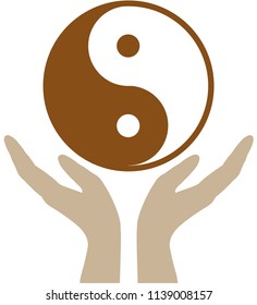 Logo, Signet or Flat Icon for Spa, Wellness and Massage with Hands and Ying Yang
