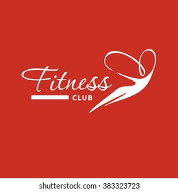 Logo silhouette of flying woman on air for fitness club and best training programs on red background. 