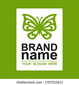 Logo silhouette of a green butterfly and text brand name. Creative icon, cute sign, brand identity for business, cosmetic, fashion, beauty salon, yoga studio or kids club. Vector.