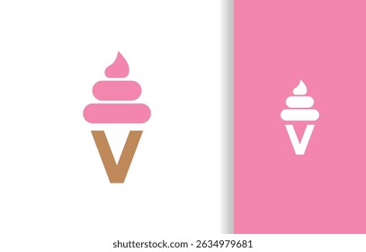 A LOGO SILHOUETTE OF ICE CREAM ABOVE LETTER V WITH PINK COLOR