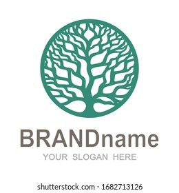 Logo silhouette of a tree crown without leaves. Green branches and trunk in a round frame. Icon, sign, symbol, brand identity for agriculture, bio, eco, natural, organic foods. Vector illustration.