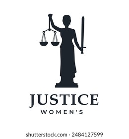 Logo Silhouette of a woman holding the scales of justice in her left hand and a sword in her right hand, Design for organizations or institutions on women rights, social justice, or legal services.