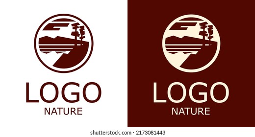 Logo silhouettes of trees on the river bank in a circle. Wild forests