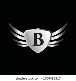 Logo of the silver alphabet letter B inside the winged shield. Vector design template elements for your application or corporate identity.