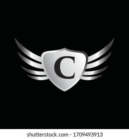 Logo of the silver alphabet letter C inside the winged shield. Vector design template elements for your application or corporate identity.