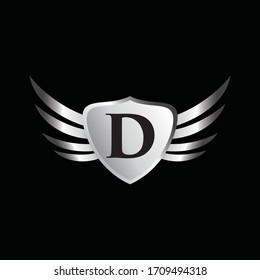 Logo of the silver alphabet letter D inside the winged shield. Vector design template elements for your application or corporate identity.