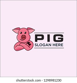 logo simple cartoon Pig, Happy smiling little baby cartoon pig in round frame - vector logo illustration - Vector 